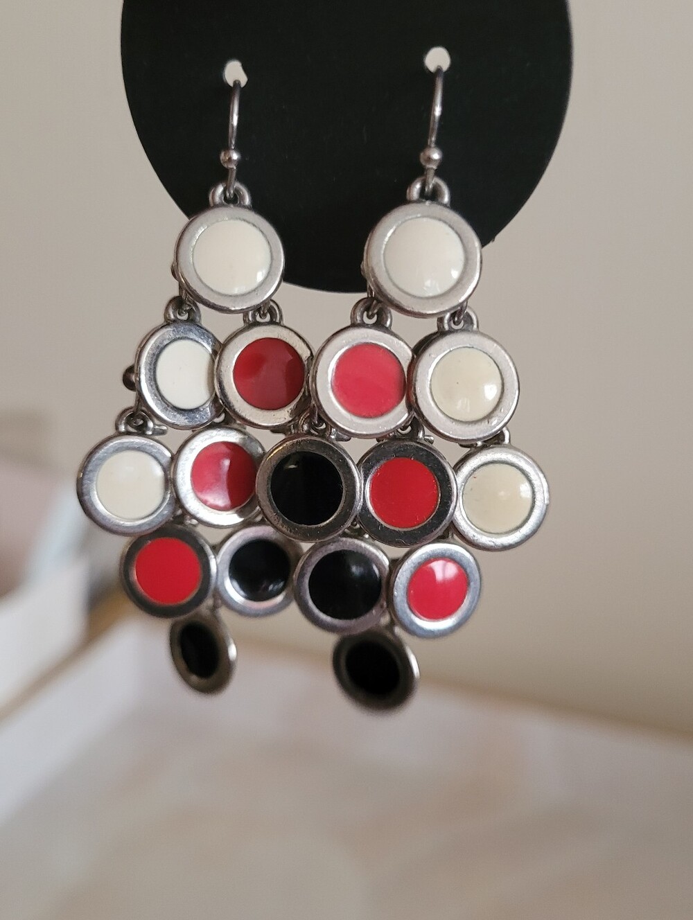 Vintage Multi-Color Circle Drop Earrings - White, Red & Black